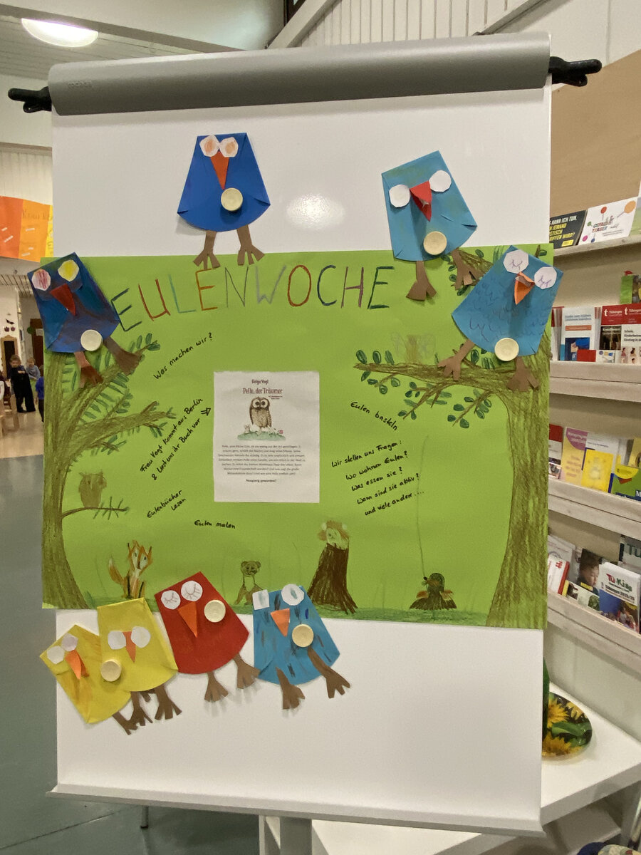 Plakat einer Eulenwoche mit gebastelten Eulen